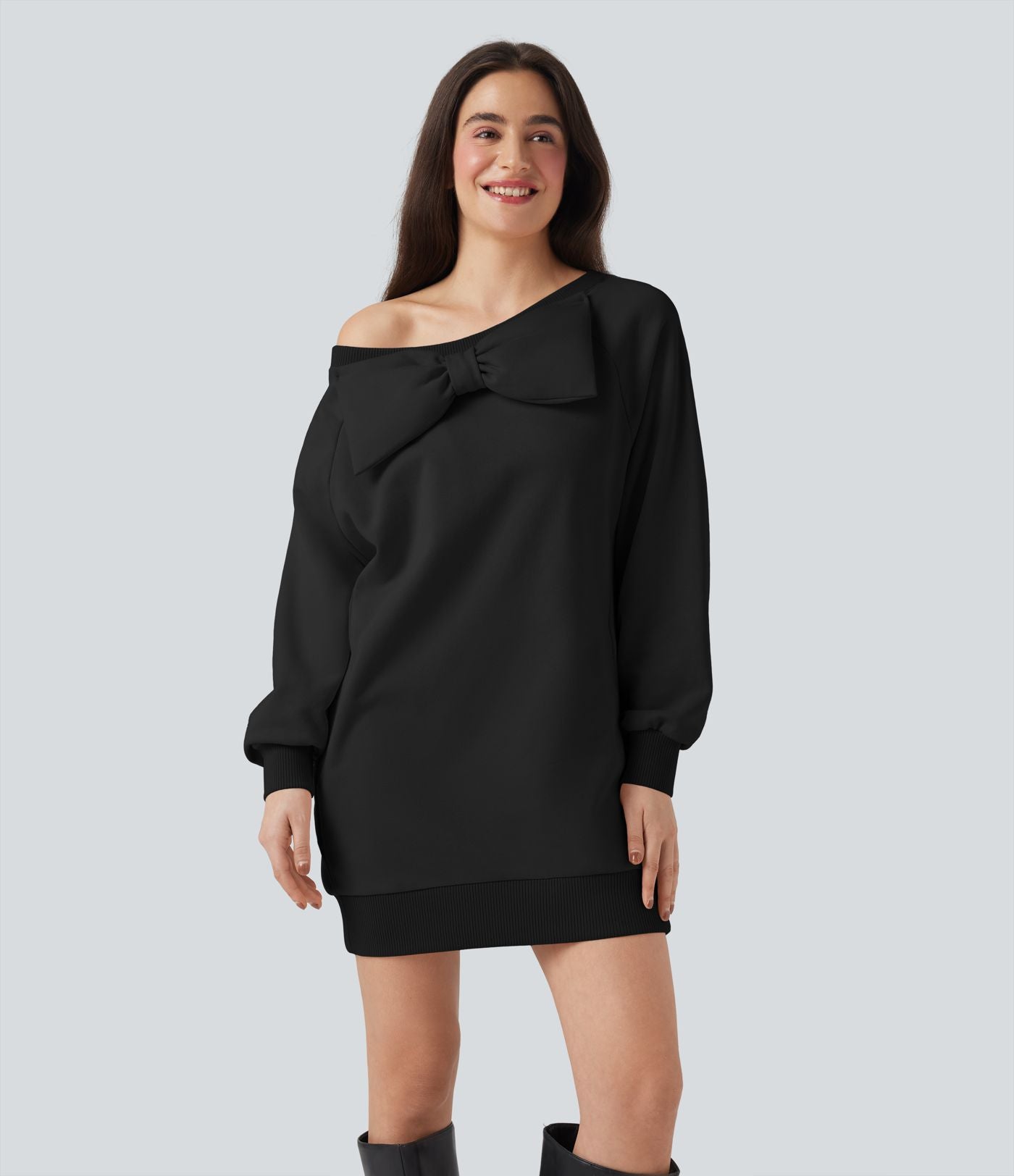Sweat-shirt coton col bateau nœud manches longues avec poches