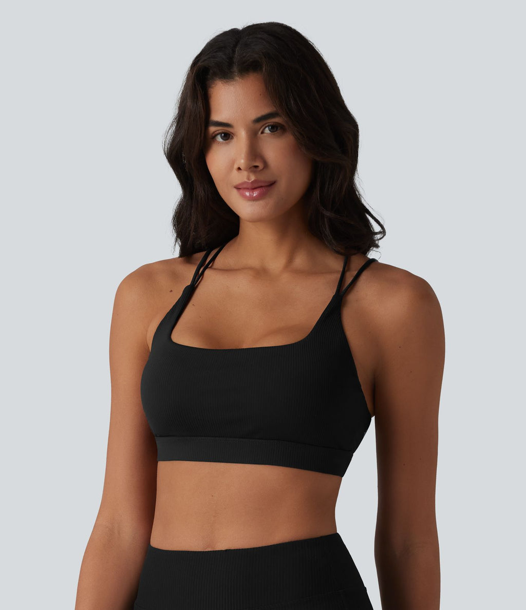 Brassière de sport à encolure carrée en maille côtelée avec soutien-gorge intégré — UPF40+