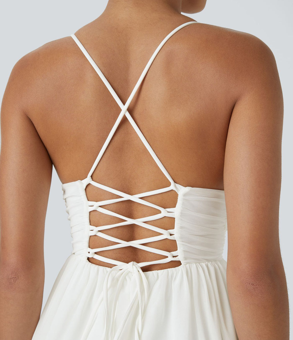 Robe Soirée Mini Superpositions en Maille avec Dos Nu Croisé Lacets