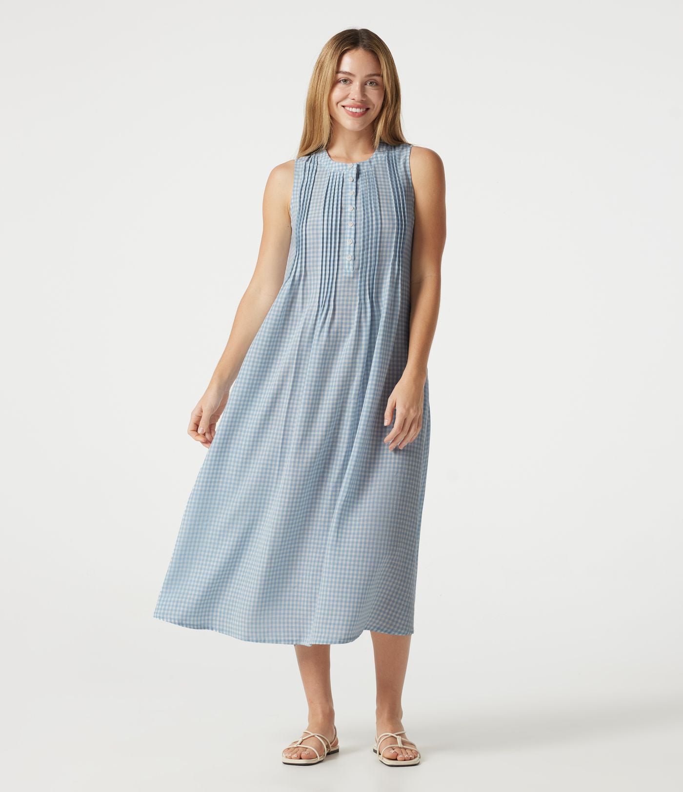 Robe casual midi à carreaux toucher lin col rond sans manches à poches
