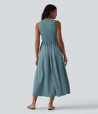 Robe midi évasée fluide décontractée Breezeful™ col Henley sans manches à séchage rapide avec poches