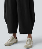 Pantalon décontracté effet lin jambes ballon taille haute avec cordon de serrage et poches
