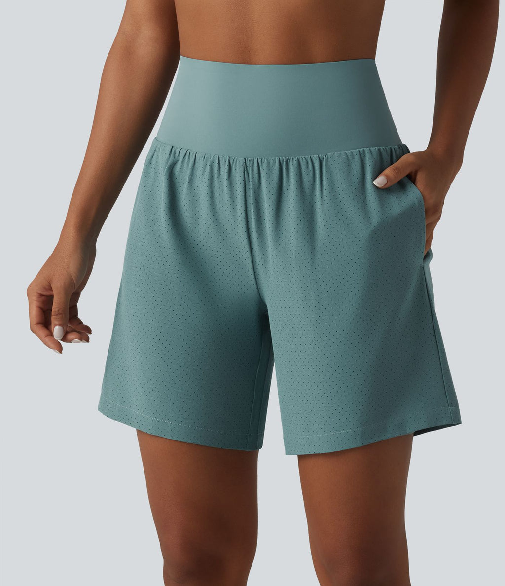Short de yoga 2 en 1 à taille très haute, effet ventre plat, séchage rapide, 17,5 cm, avec poches