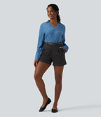 Halara Flex™ Short casual en denim taille mi-haute à ourlet retroussé avec poches