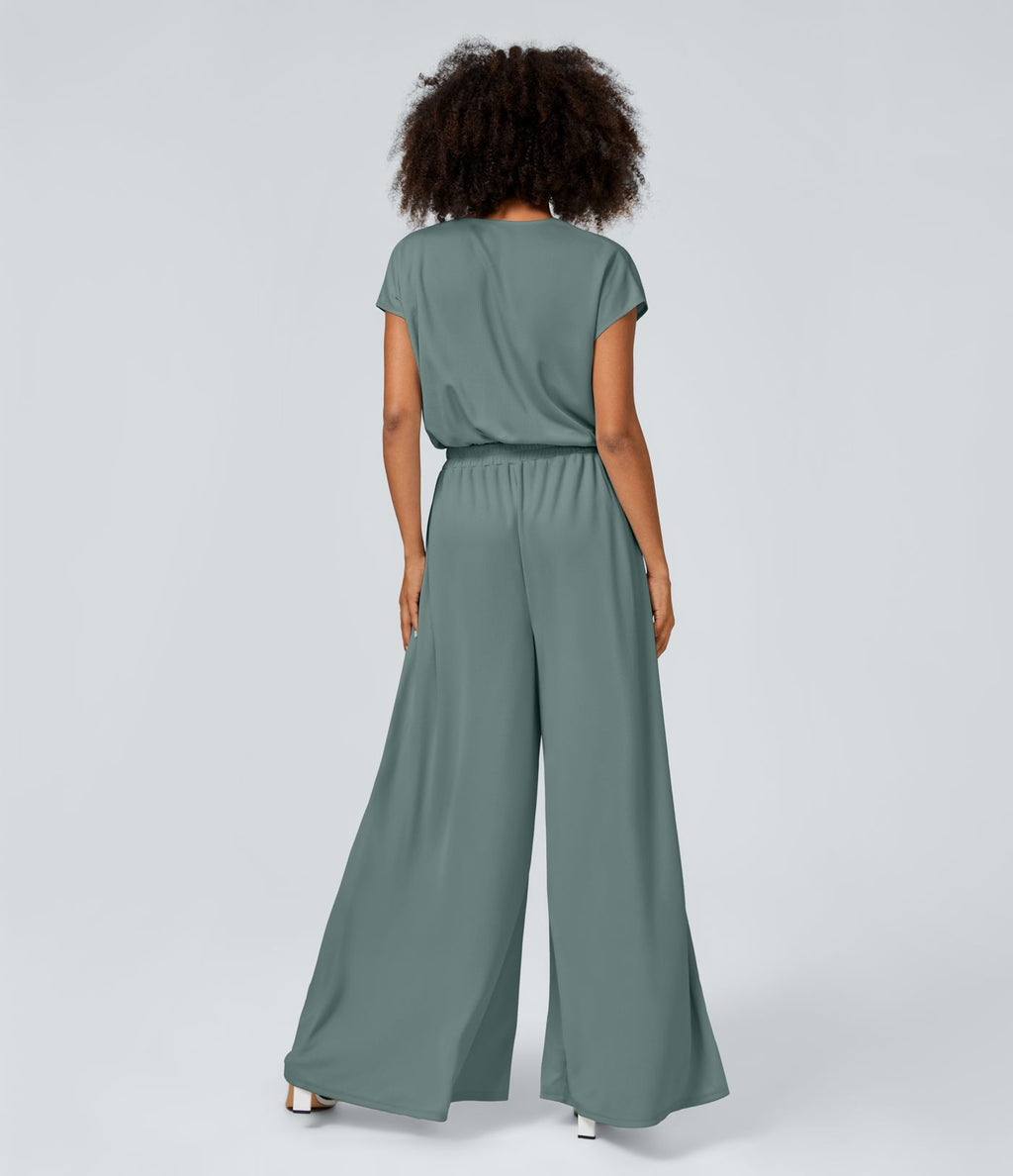 Combinaison Casual Col en V Jambes Large Plissée Manches Courtes Poche Latérale Gaufrée Fluide