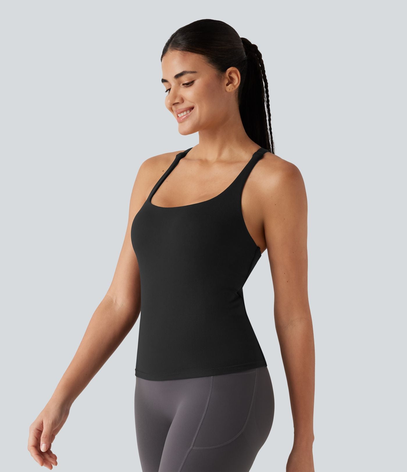 Débardeur de running croisé dos nu, brassière intégrée — version longue — bonnets A à D