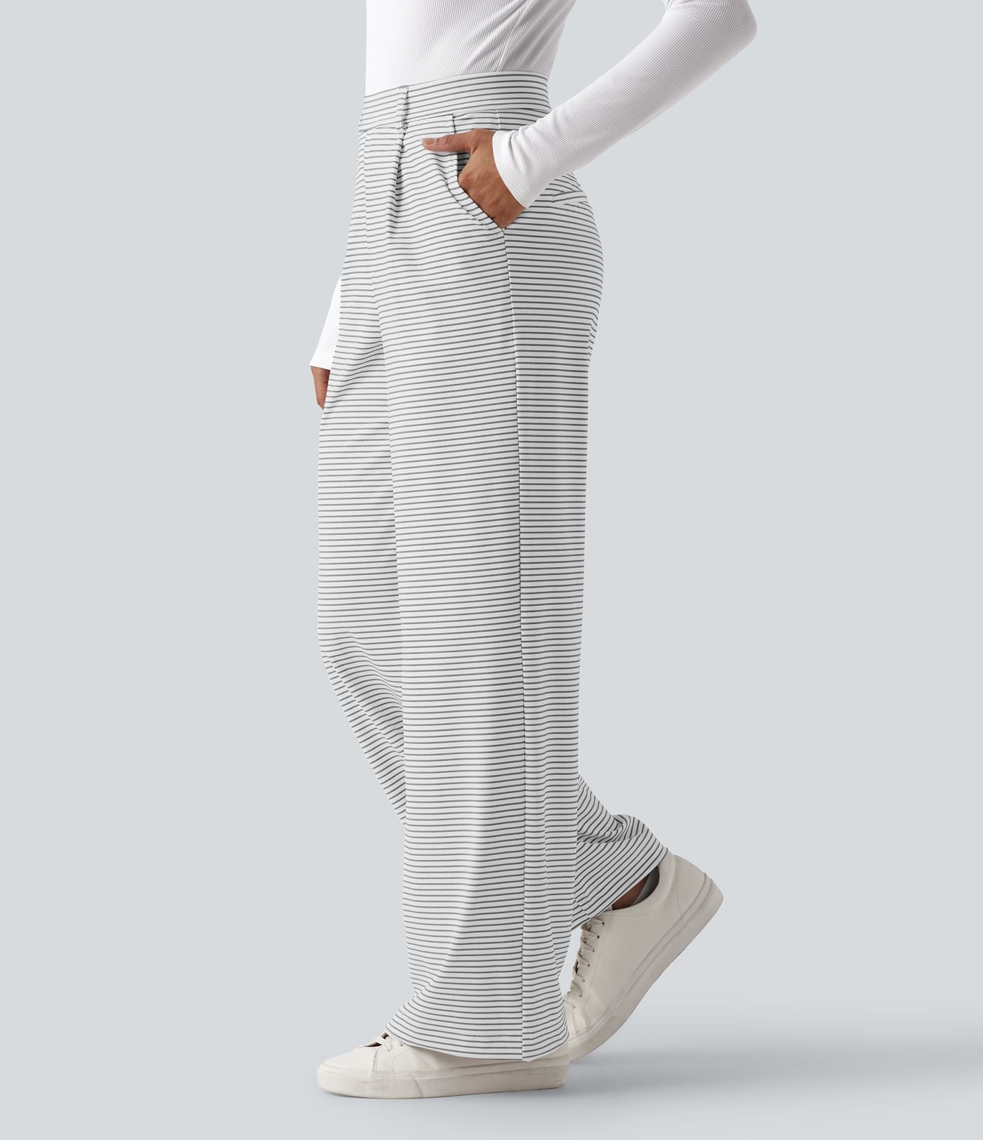 Pantalon de travail droit taille haute à rayures avec poches