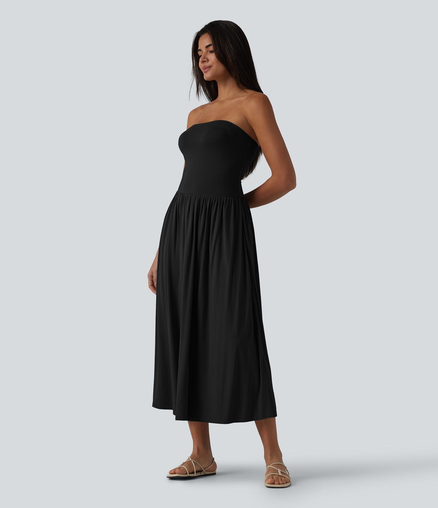 Robe midi casual bustier fluide avec détail froncé