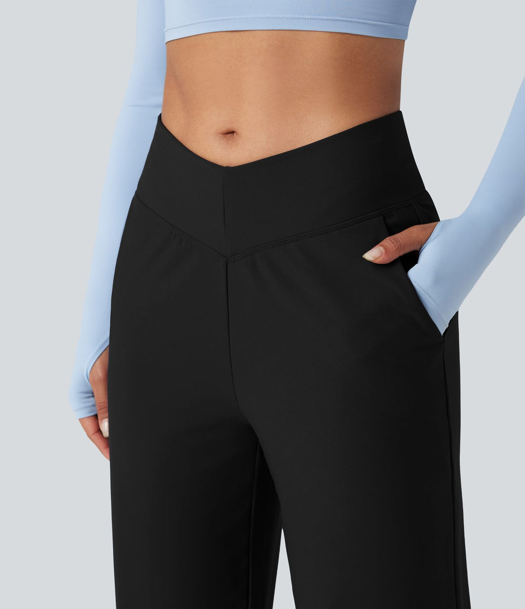 Pantalon de yoga ample thermique en polaire, dos en V, taille haute, avec poches