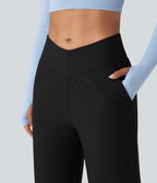 Pantalon de yoga ample thermique en polaire, dos en V, taille haute, avec poches