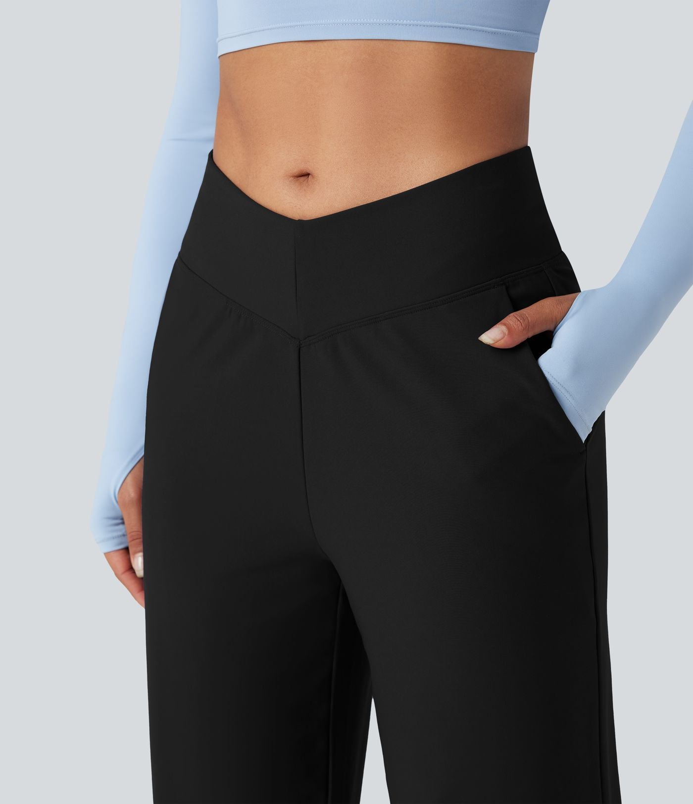 Pantalon de yoga ample thermique en polaire, dos en V, taille haute, avec poches