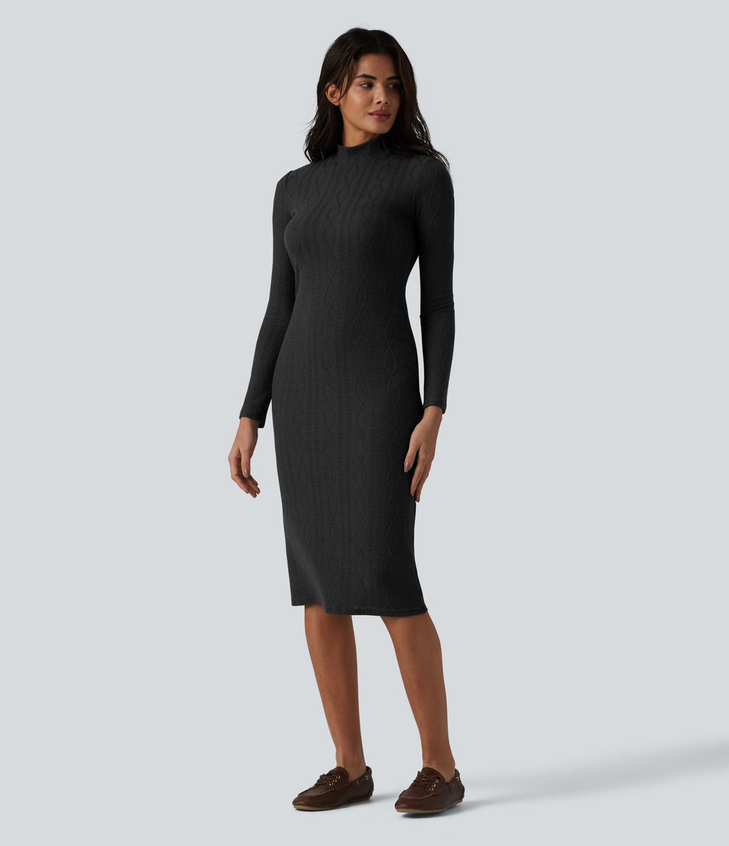 Robe midi moulante tailleur à col montant et manches longues en maille torsadée