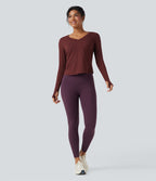 Top de sport yoga chiné col V manches longues avec trous pouces ourlet arrondi