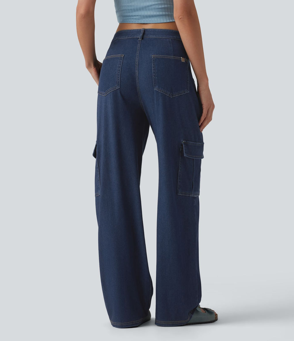 Jean droit cargo casual Halara Flex™ taille mi-haute en lyocell drapé délavé avec poches