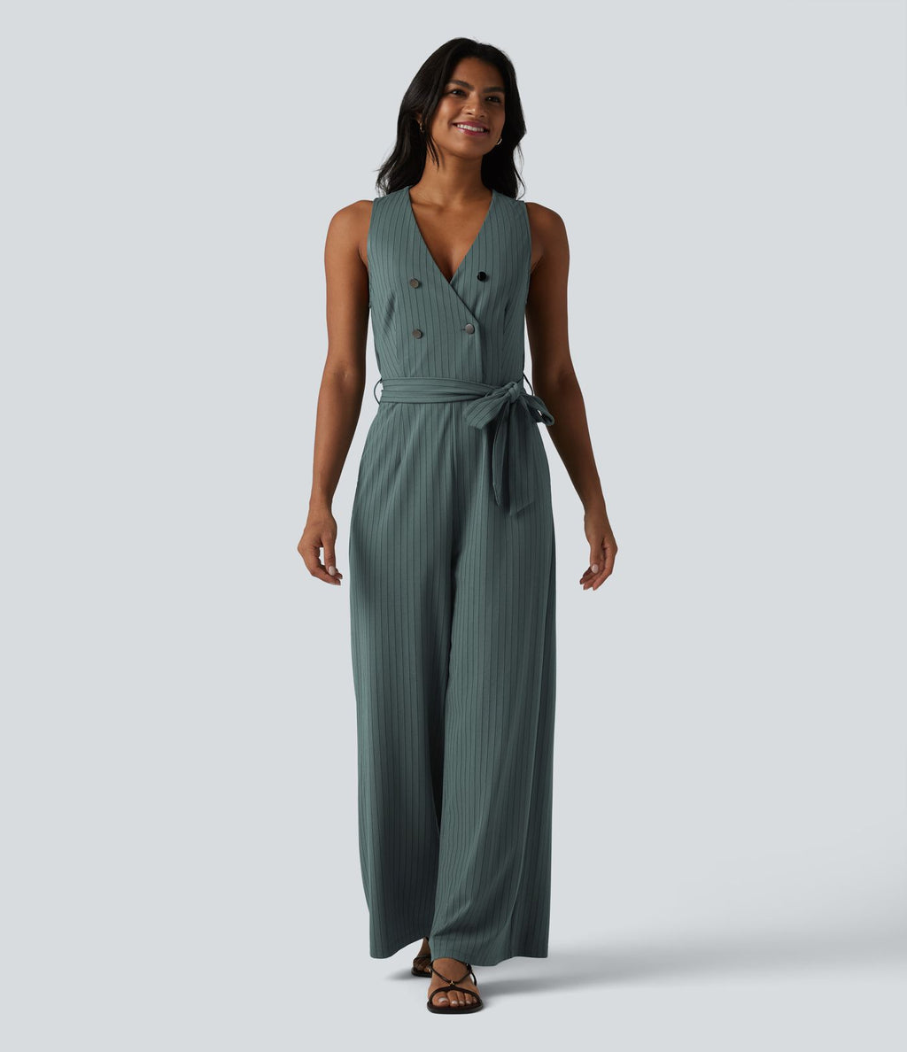 Combinaison tailleur sans manches à col V, ceinturée, avec zip invisible, rayures et effet frais avec poches, accès facile Easy Peasy