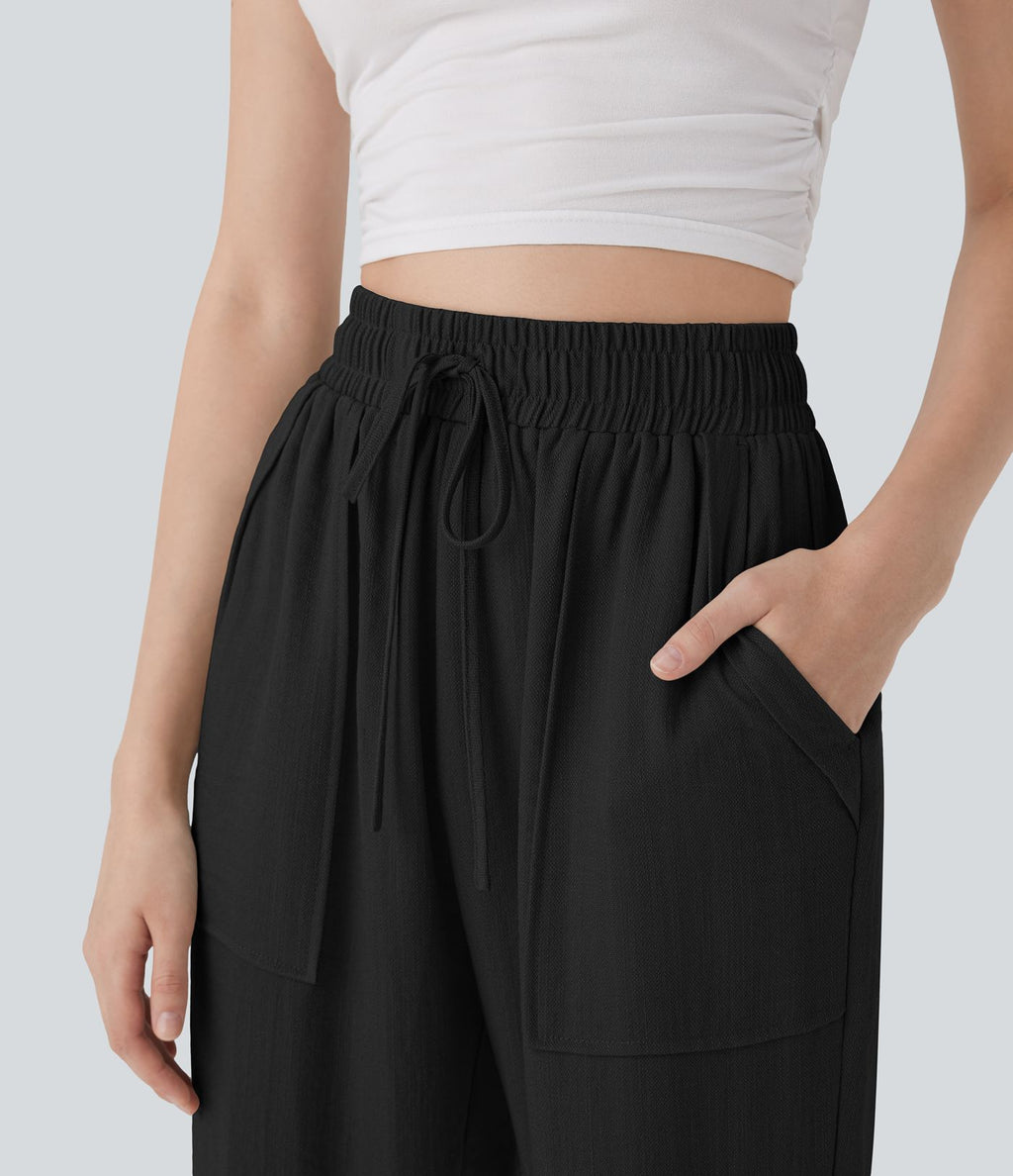 Pantalon décontracté taille haute avec cordon de serrage et poches