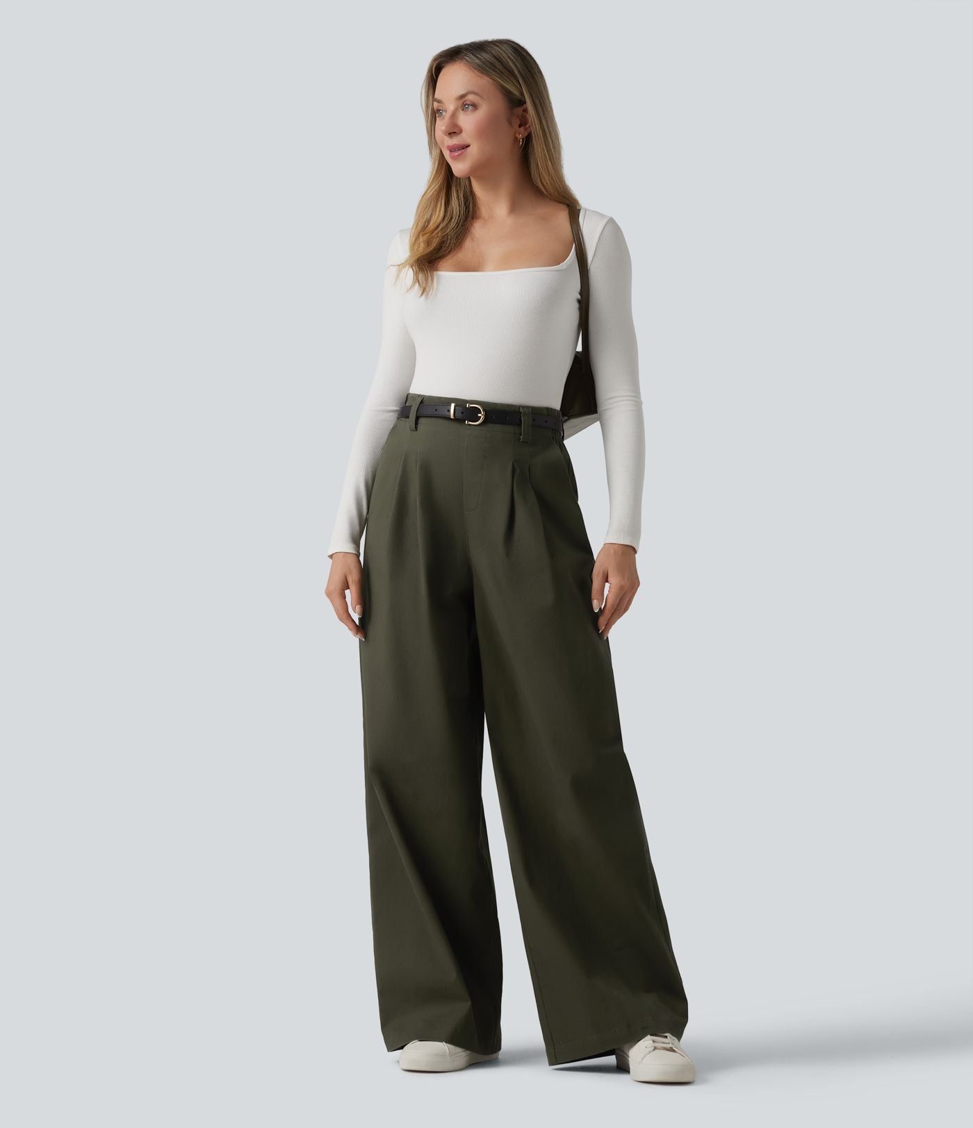 Pantalon chino de travail ample taille haute en coton avec poches