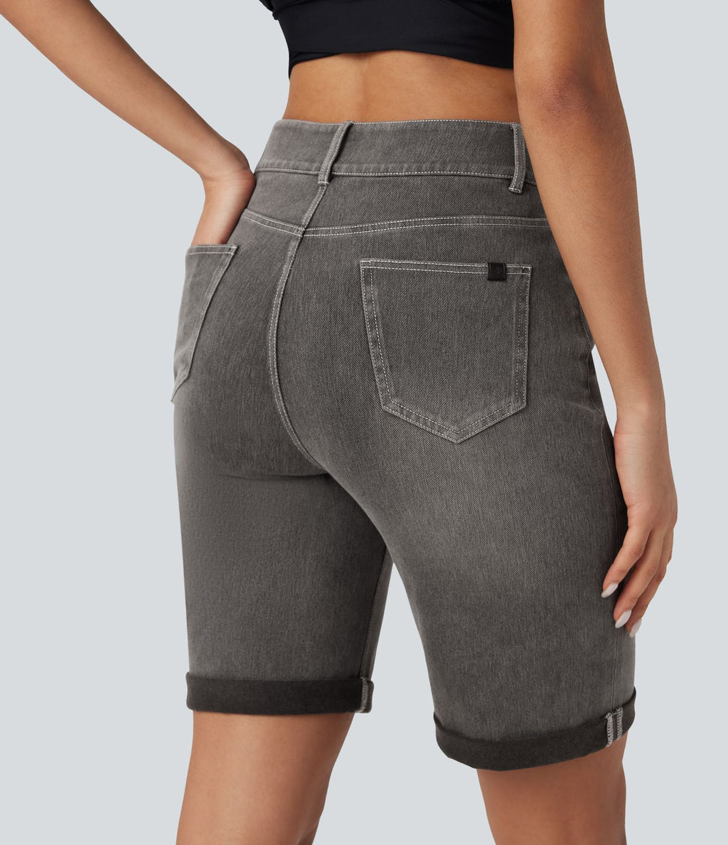Bermuda décontracté en jean extensible délavé Halara Flex™ taille haute avec revers et multiples poches