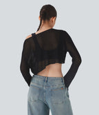 Pull décontracté transparent crop top encolure arrondie avec manches volantées
