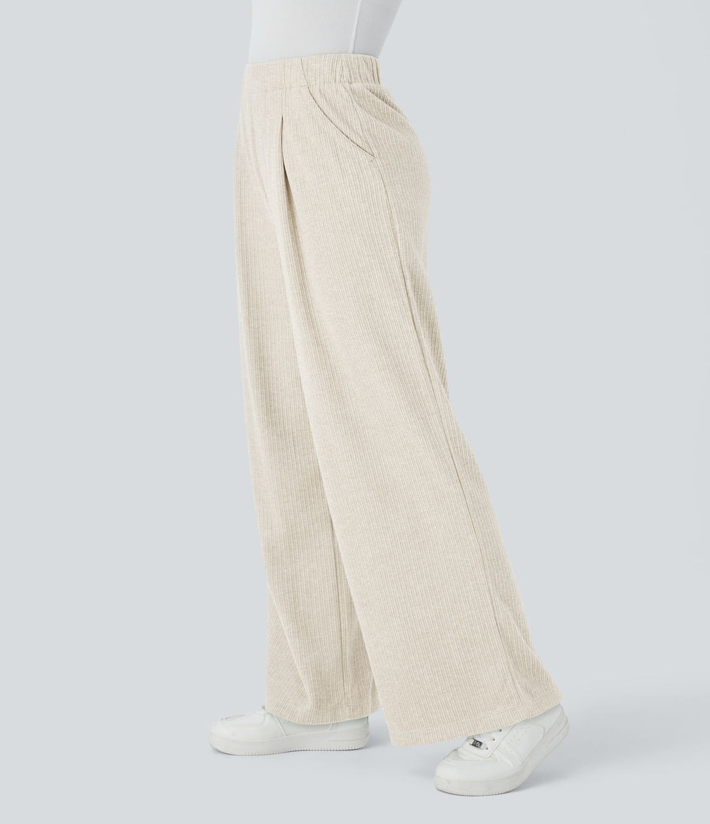 Pantalon décontracté large côtelé, taille haute, avec poches