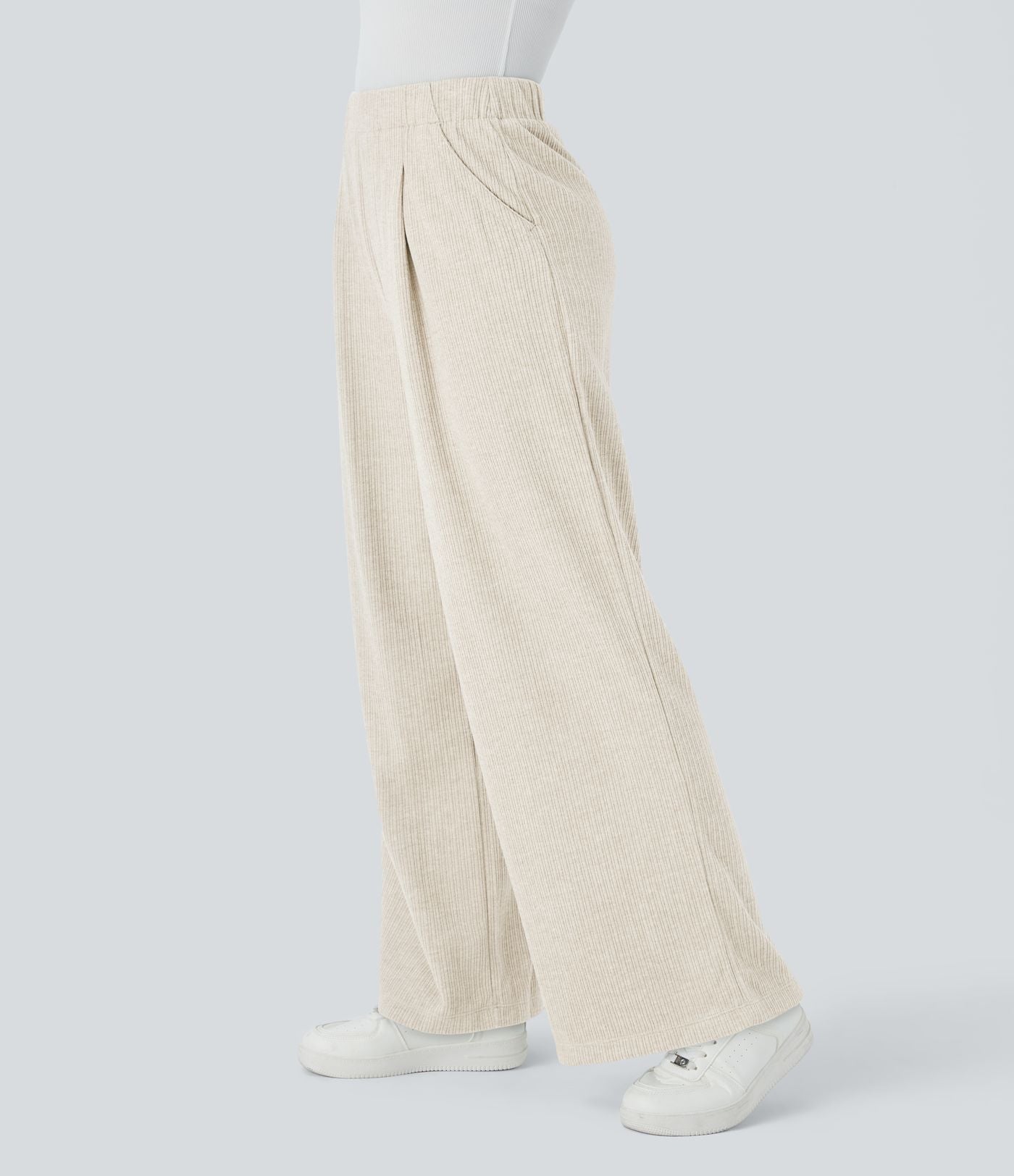Pantalon décontracté large côtelé, taille haute, avec poches