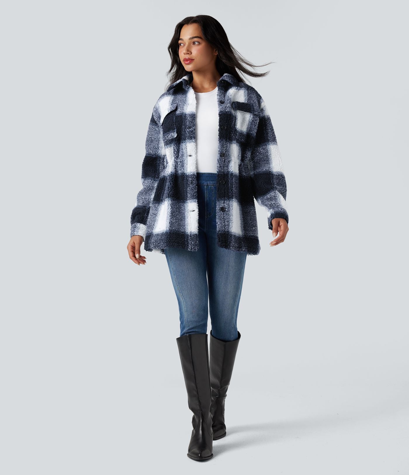 Veste sherpa carreaux manches longues avec cordon de serrage intérieur et poches