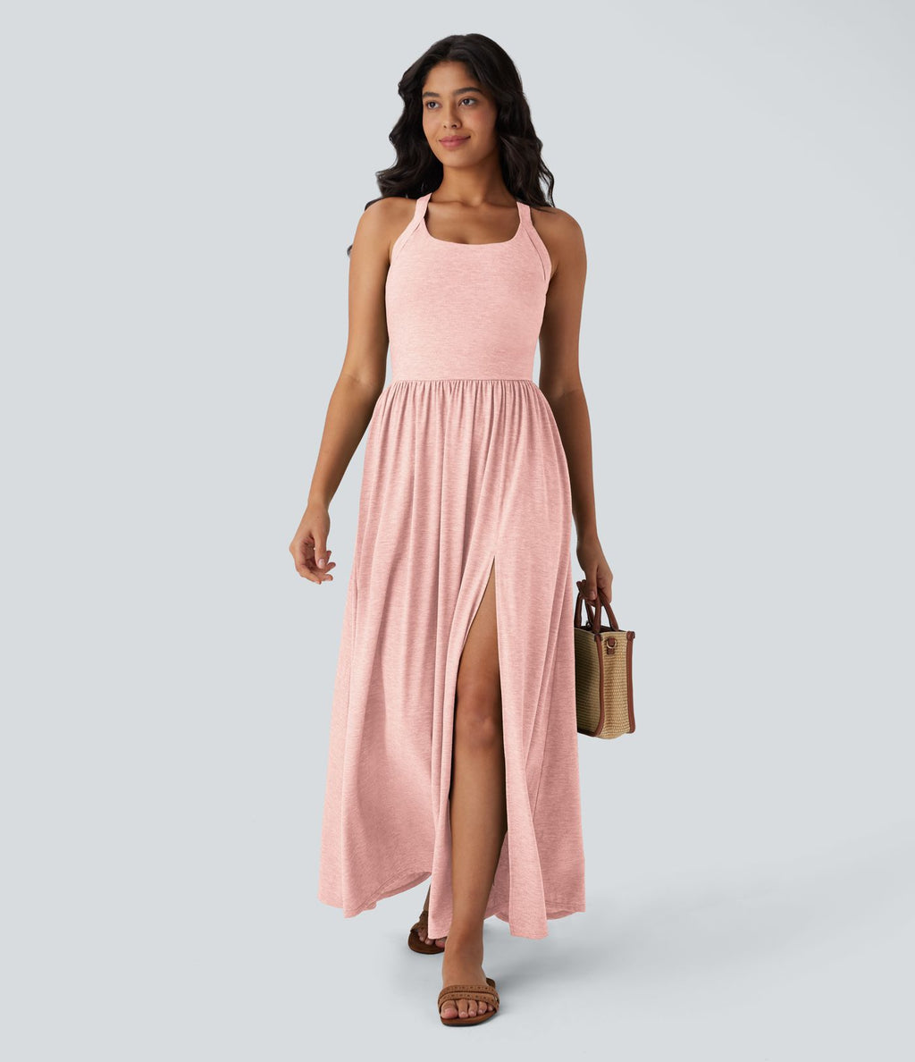 Robe longue fluide fendue avec poches latérales, dos nu et effet torsadé