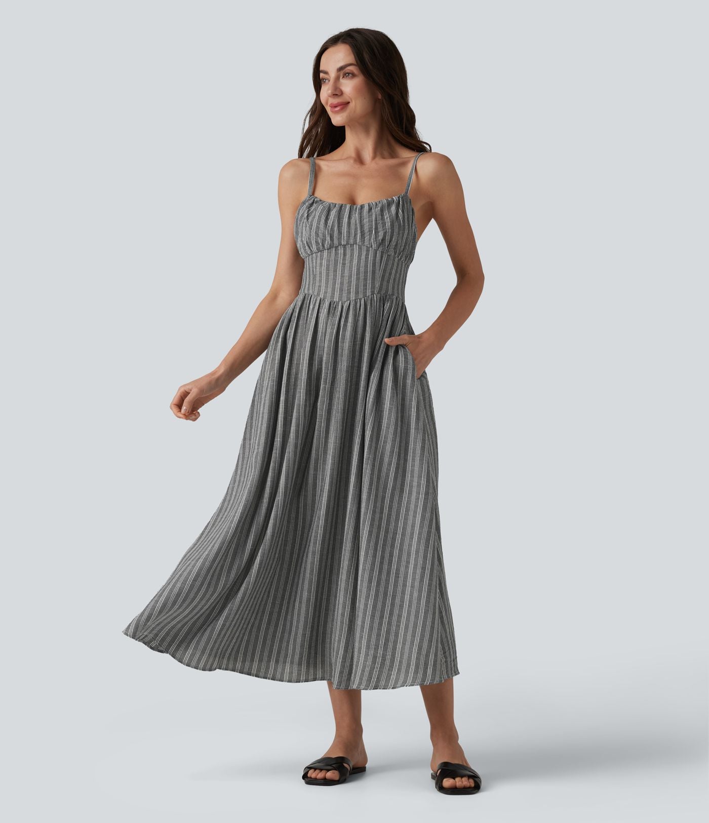 Robe nuisette midi fluide décontractée à rayures style corset lacé avec poches