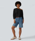 T-shirt décontracté semi-transparent une épaule dénudée à manches 3/4 et fronces