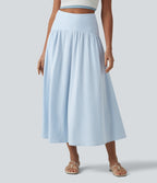 Jupe fluide midi casual taille haute à rayures en coton froissé, avec poches