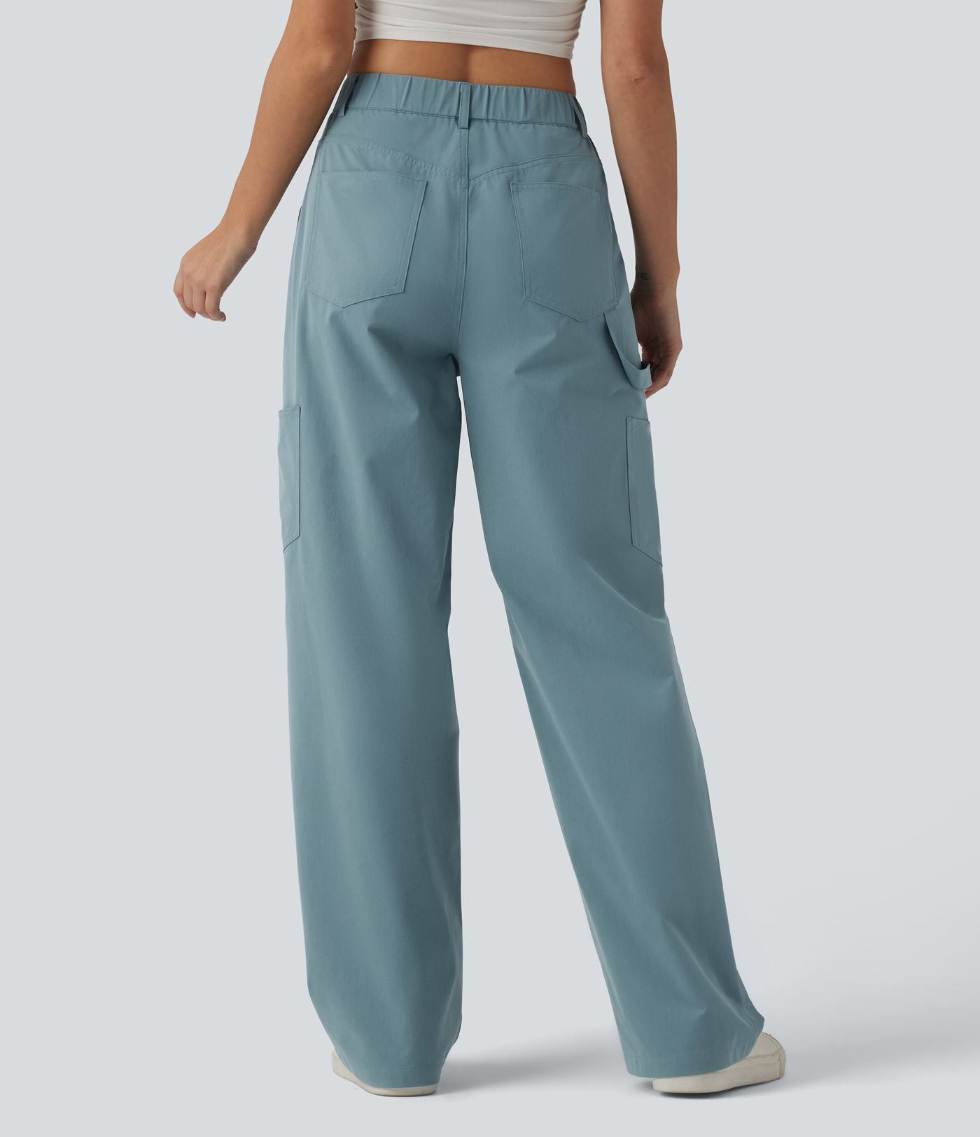 Pantalon cargo casual en popeline extensible coupe droite taille haute avec poches