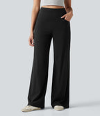 Pantalon large fluide décontracté en lin stretch taille haute gainant avec poches
