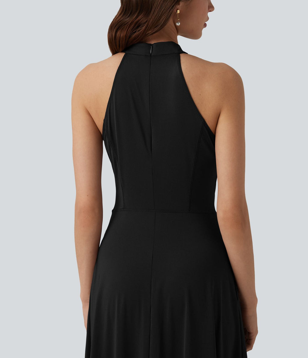 Robe midi fluide à col cheminée, sans manches, zip invisible, en satin extensible à effet frais InstantCool, idéale pour demoiselles d'honneur et invitées de mariage, avec poches