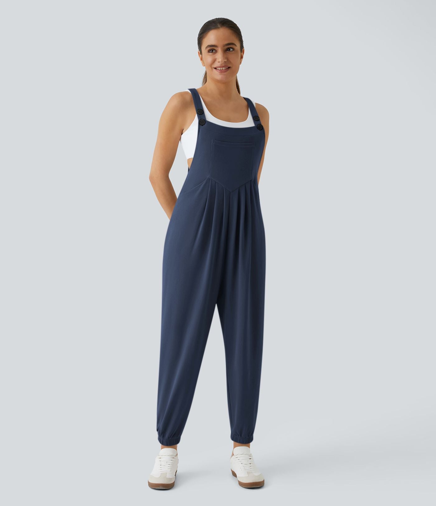 Salopette Casual Bretelles Ajustables Boutonnés Multiples Poches Plis et Tissu Gaufré
