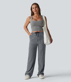 Pantalon casual coupe droite taille mi-haute vichy à cordon de serrage avec poches