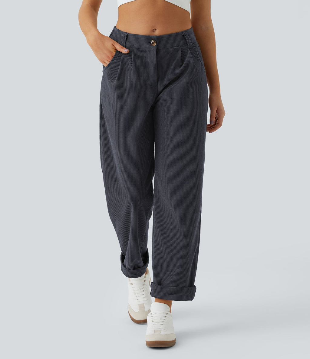 Pantalon en velours côtelé décontracté taille moyenne avec poches latérales