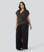 Blouse Travail Unie Froncée Croisée Manches Courtes Col en V Grande Taille
