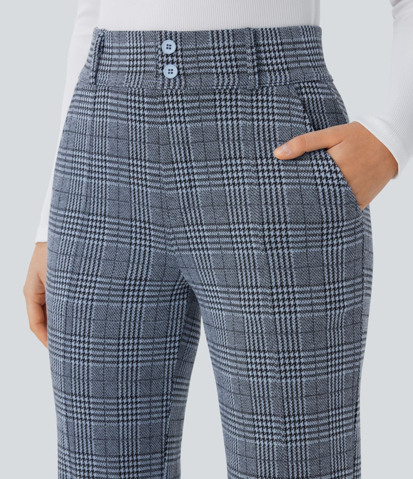 Halara Flex™ Pantalon tailleur évasé à carreaux pied-de-poule, taille haute avec boutons décoratifs et poches latérales