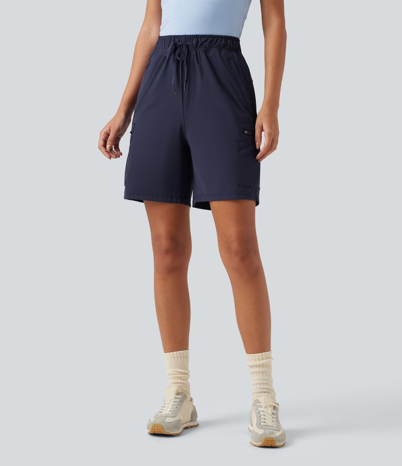 Bermuda cargo décontracté taille haute à cordon de serrage, séchage rapide, effet frais, protection solaire UPF 40+, 17,5 cm, avec poches