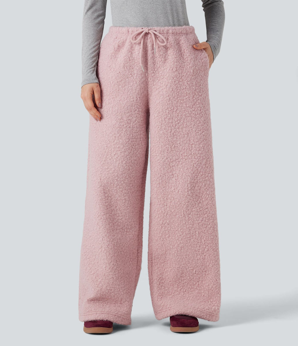 Pantalon large teddy taille mi-haute avec cordon de serrage et poches