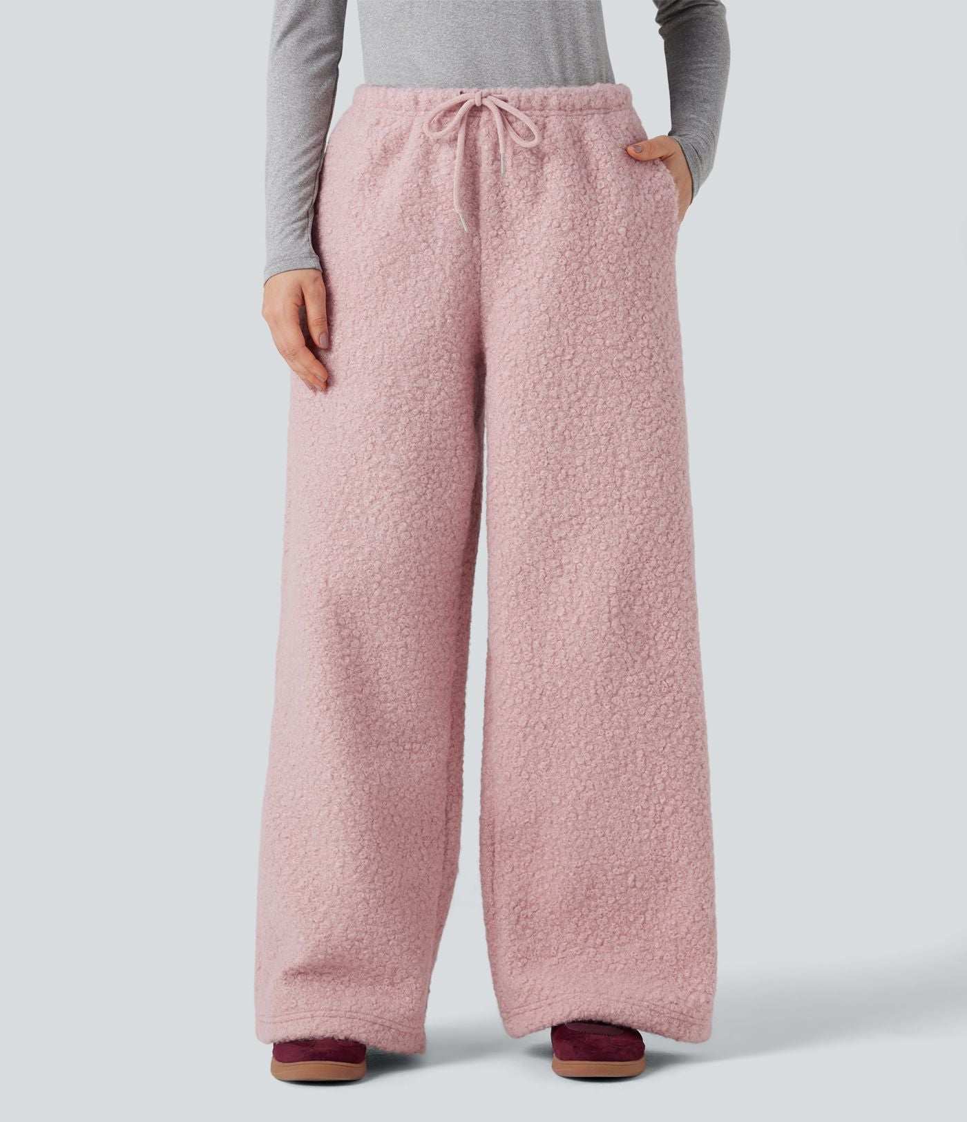 Pantalon large teddy taille mi-haute avec cordon de serrage et poches