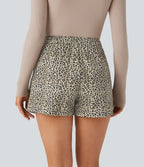 Short en coton décontracté taille haute, poches latérales et imprimé léopard