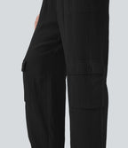 Pantalon cargo large fluide en coton taille haute avec cordon de serrage et poches
