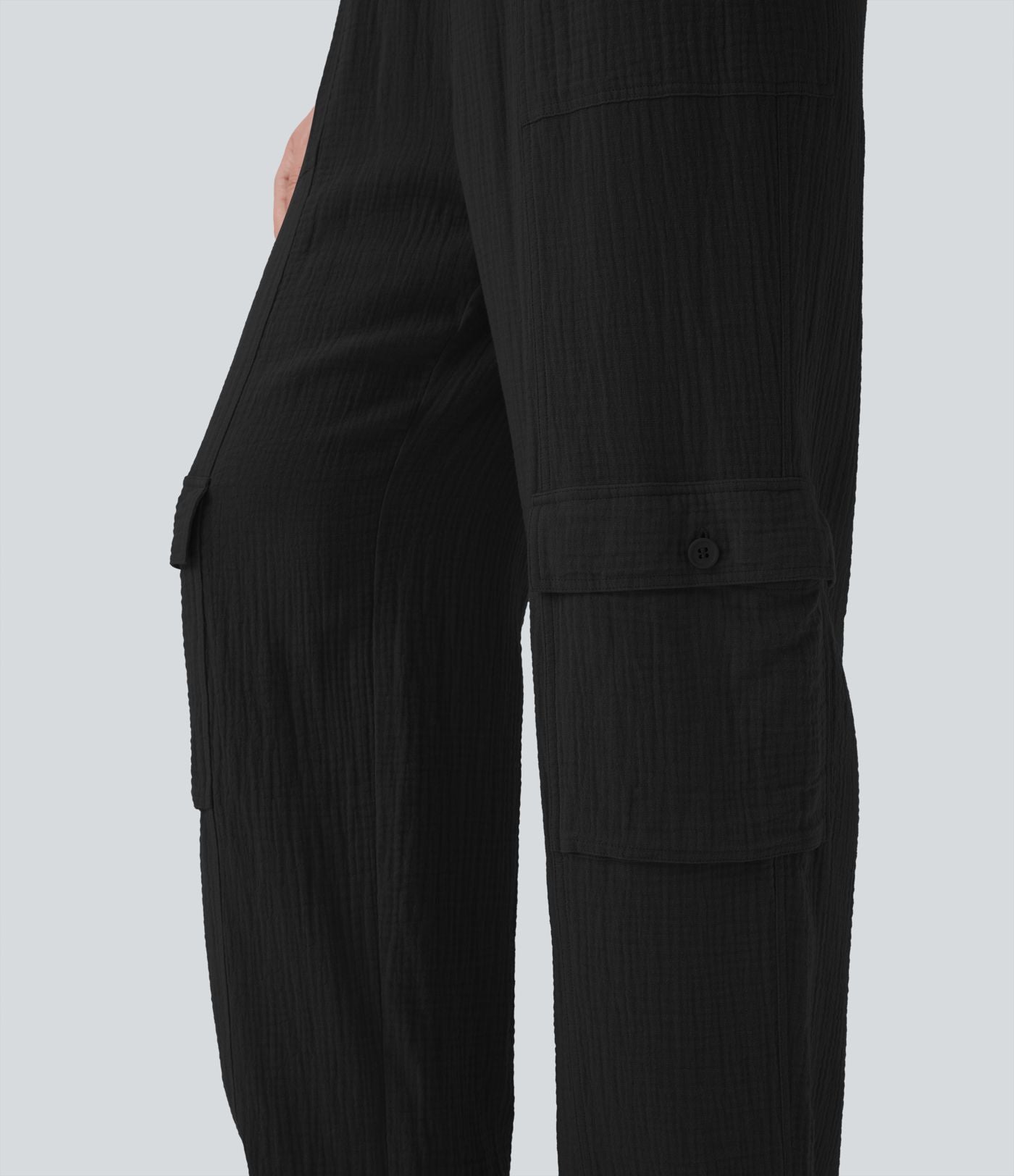 Pantalon cargo large fluide en coton taille haute avec cordon de serrage et poches