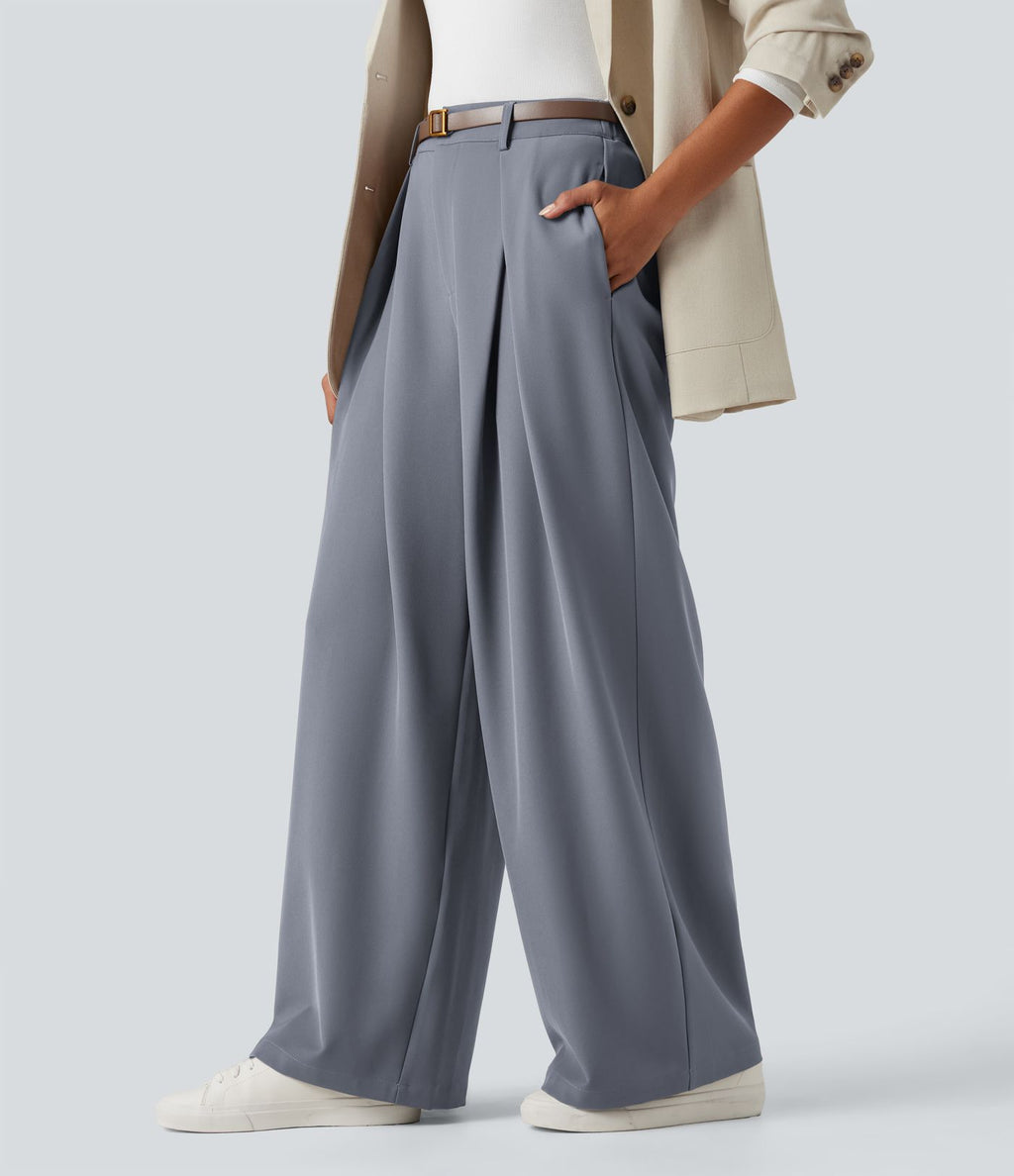 Pantalon tailleur large, taille haute, à poches