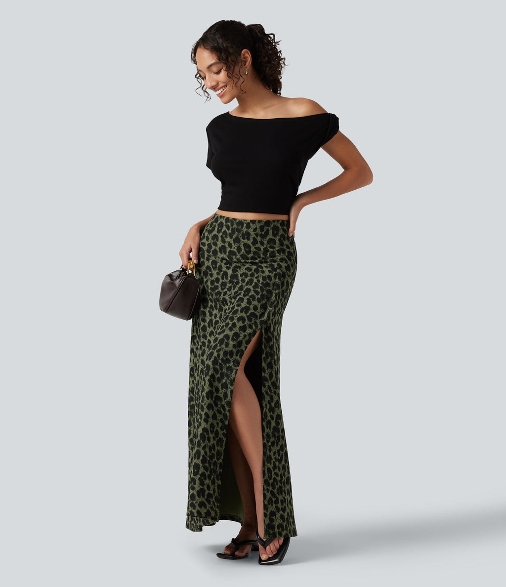 Jupe casual maxi gaufrée léopard taille haute gainante à poche