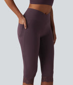 SoftlyZero™ Legging corsaire de yoga croisé taille haute avec dentelle contrastée et poches - UPF50+