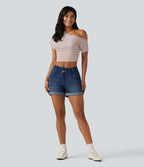 Short denim décontracté Halara Flex™ asymétrique délavé taille haute ourlet roulotté avec poches