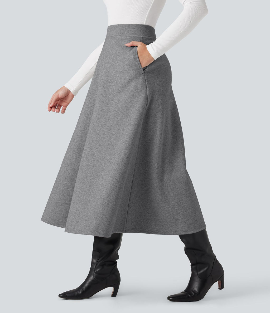 Jupe mi-longue évasée polaire taille haute avec poches