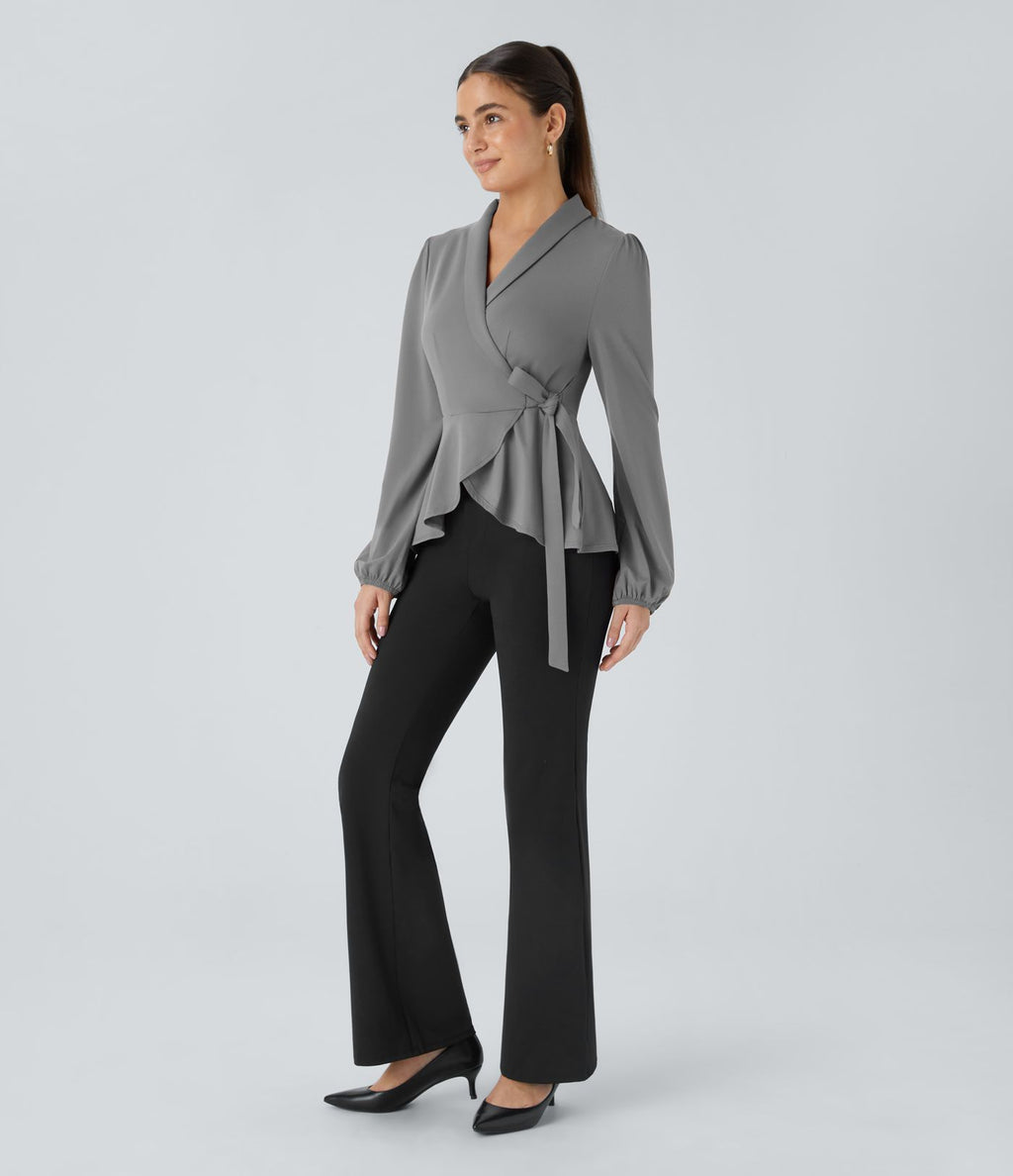 Blouse de travail à col châle, effet cache-cœur, lien sur le côté et ourlet à volants